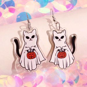 🧿 3 for $33 🧿 Cute Spooky Cats with Pumpkins Dangle Acrylic Earrings